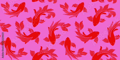 Original seamless pattern of a koi fish, carp in red and pink colors, Chinese new year, Asian festives. Romantic background, wrapping paper, fabric swatch