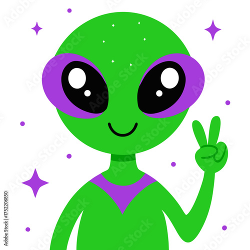 Cute green alien vector illustration giving peace sign scalable graphic isolated on white background