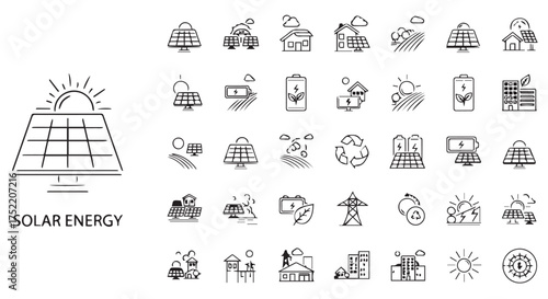 Collection of solar energy icons isolated on transparent background