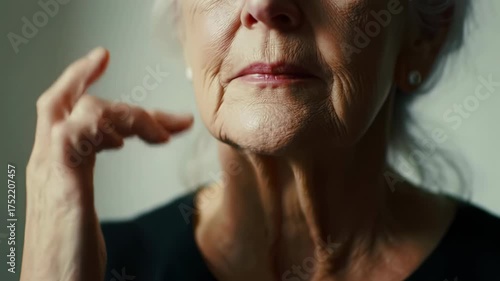 Elderly woman applying foundation in front of mirror in her cozy home environment