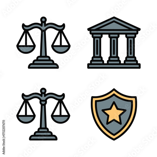 Four legal and justice icons including scales of justice courthouse and shield balance 1