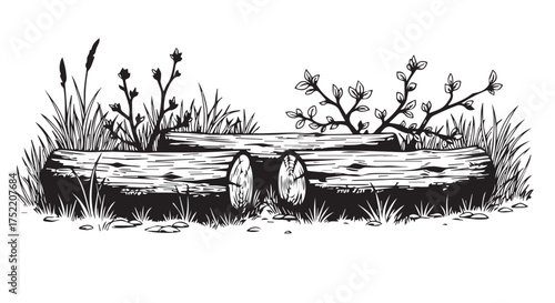 Stack of logs with grass and branches isolated on transparent background