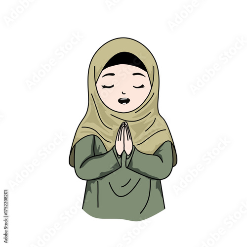 Muslim Little Girl Greeting with Hands Together in Traditional Salam Gesture