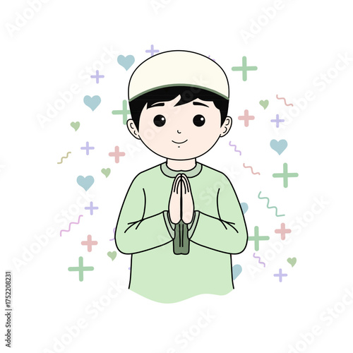 Muslim Little Boy Greeting with Hands Together in Traditional Salam Gesture