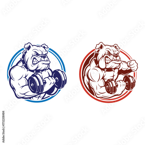 Gym Fitness Dog Logo Set,  Muscular bulldog lifting dumbbell. Gym Mascot Logo 