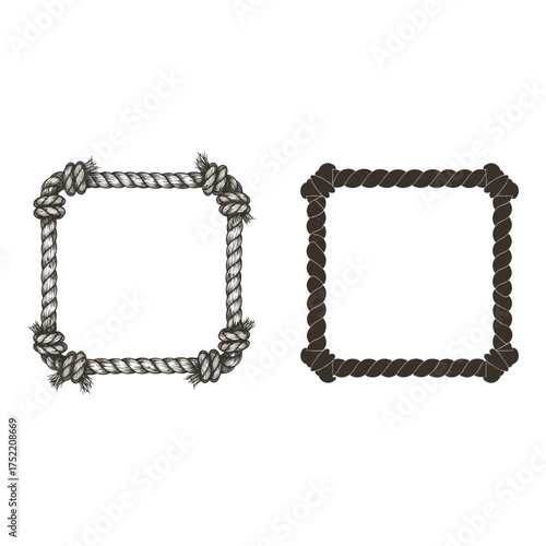 Rope Frame Border Set, Two different decorative square vintage rope frames with ropelike borders and bow.