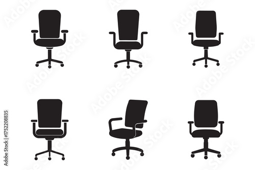Black Office Chair Icon Set on White Background Work Furniture for Professionals