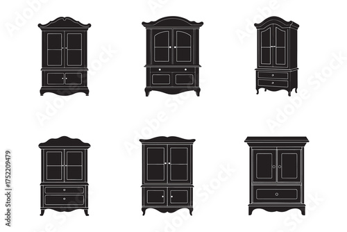 Collection of Antique Cabinet Silhouettes for Interior Design and Furniture Industry Needs Different Wardrobe Styles