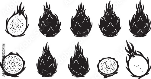 Black Silhouettes of Dragon Fruit and Slices pitaya