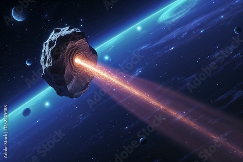 Asteroid emits energy beam in cosmic space scene