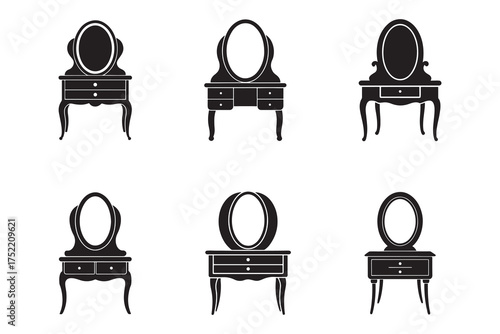 Collection of Antique Vanity Illustrations in Black Silhouette Style for Furniture and Interior Design Projects and Vintage Themed Decor