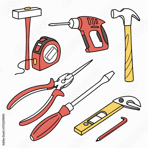 Collection of hand drawn tools including a hammer drill screwdriver pliers tape measure level and sledgehammer for diy and construction projects