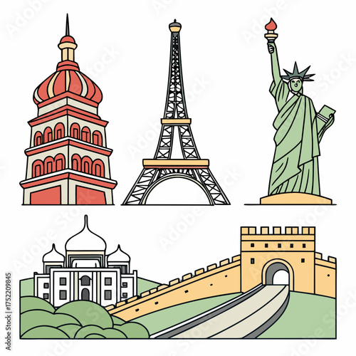 Collection of famous world landmarks including the eiffel tower statue of liberty taj mahal great wall and a russian tower