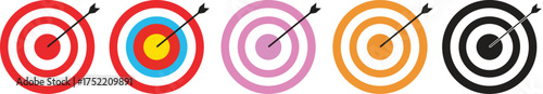 Target Icon Vector Set with Arrow Hitting Bullseye Goal Success and Aim Symbols

