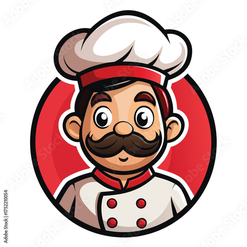 Whimsical cartoon male chef mascot logo illustration with vibrant colors and classic typography for culinary branding and food service