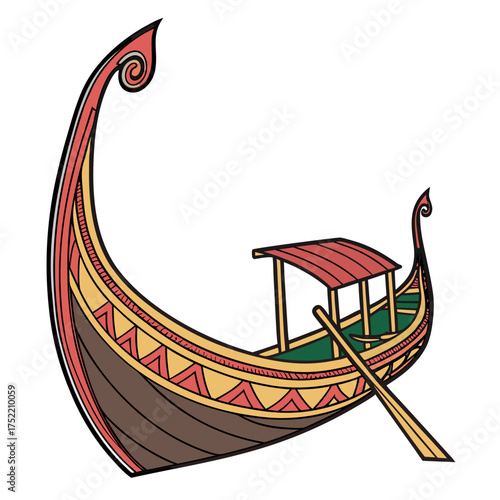 Stylized illustration of a traditional scandinavian viking longship with ornate carvings and a simple canopy featuring a single oar for propulsion on a white background
