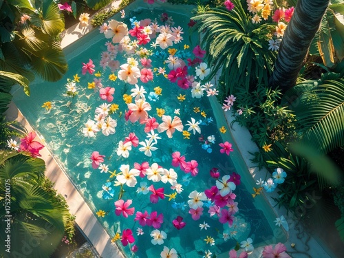 Colorful flowers float on the surface of a serene swimming pool