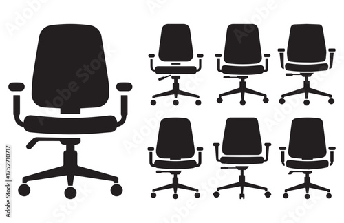 Black and white vector icons of office chairs in various styles and angles. Minimalist design suitable for business, workplace, furniture, and interior-related graphics, presentations, and websites.