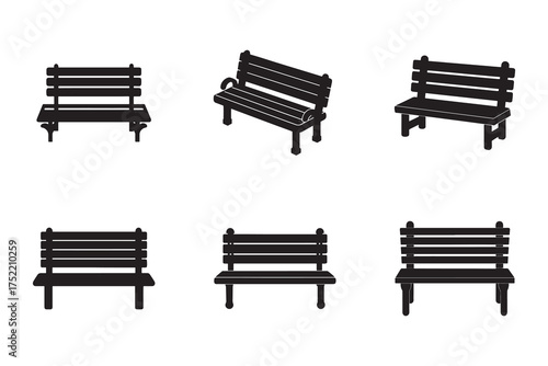 Collection of black bench silhouette on white background ideal for outdoor seating and park design projects