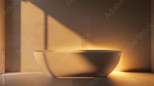 Bathtub in Sunlight: Minimalist Bathroom Interior with Warm Light and Shadows