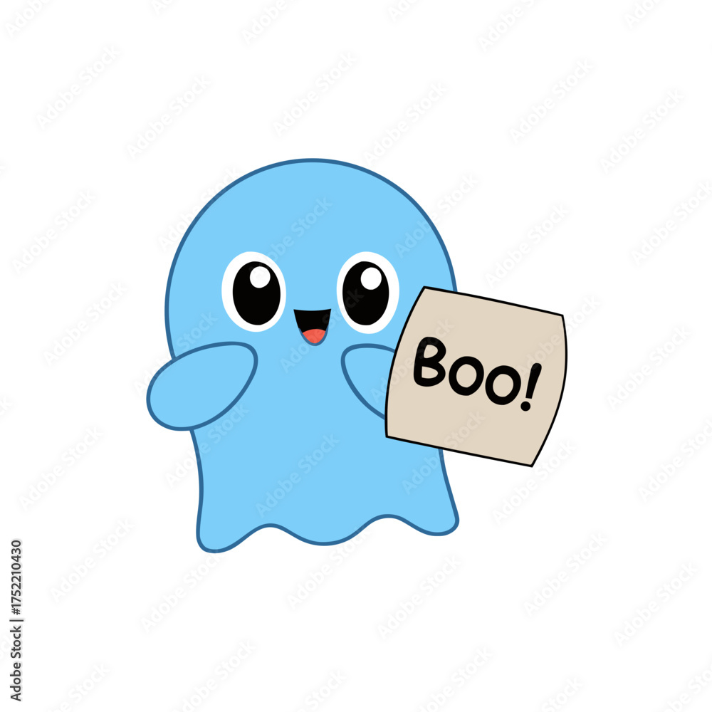 Fototapeta premium Friendly kawaii blue ghost with smile and blush holding boo sign vector illustration isolated on white background