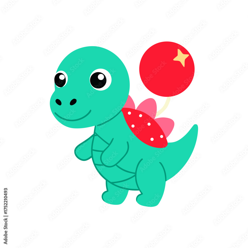 Naklejka premium Cute smiling baby dinosaur holding a red balloon vector illustration isolated on white background
