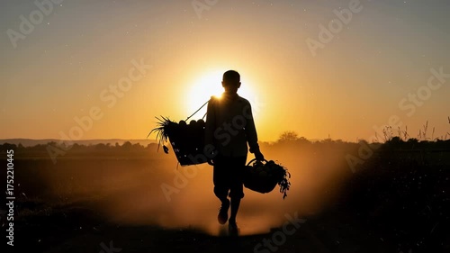 Silhouette of a Farmer Walking at Sunset with Harvest
