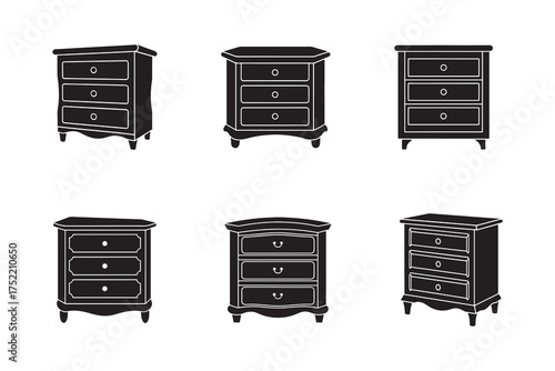 Collection of Black Silhouette Nightstands with Three Drawers for Bedroom Furniture Designs and Interior Decorating Concepts