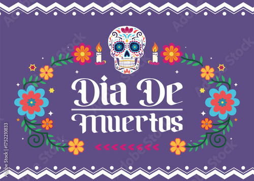 Dia de Muertos Mexican Day of the Dead flat background featuring gothic typography, decorative skulls, and floral art, ideal for greeting cards, invitations, posters, and banners.