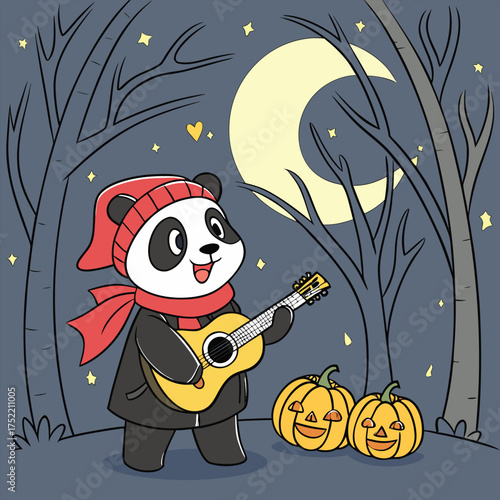 A cheerful anthropomorphic panda character dressed in a cute outfit ready for a fun adventure illustration