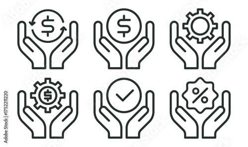 Financial outline vector icon set, service, donation, approve, percent