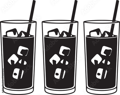 Three glasses of iced drink in a row beverage ice cubes