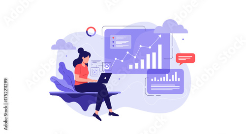 Business analytics and data visualization with a woman working on a laptop.