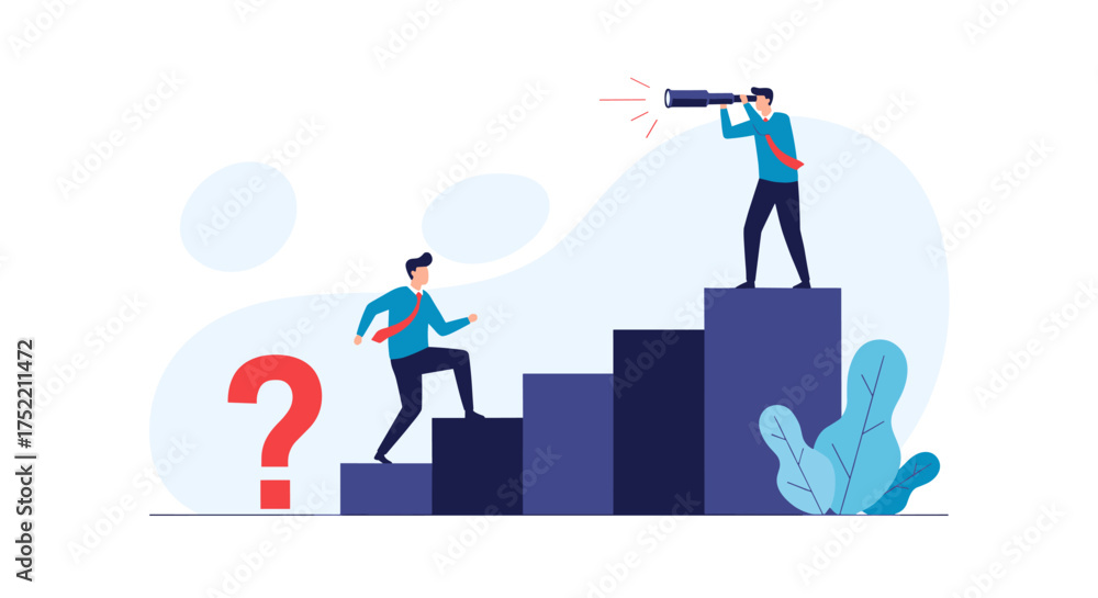 Obraz premium Business leaders climbing stairs with a question mark and spyglass symbolizing strategic planning and future vision.