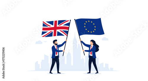 Two business people holding flags of the United Kingdom and the European Union symbolizing Brexit.