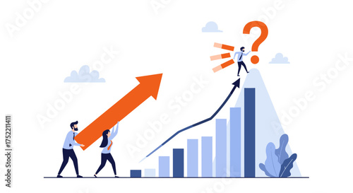 Two people lift a large arrow indicating growth towards a question mark symbol on a mountain peak. This visual represents achieving goals and seeking answers for future success.