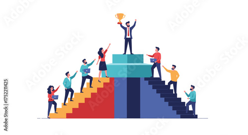 People climbing stairs to reach the top of a pyramid to celebrate success holding a trophy.