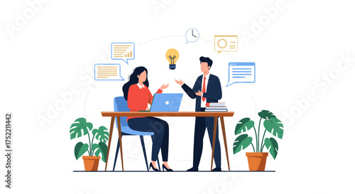 Two professionals discussing a new business idea during a meeting in a modern office setting.