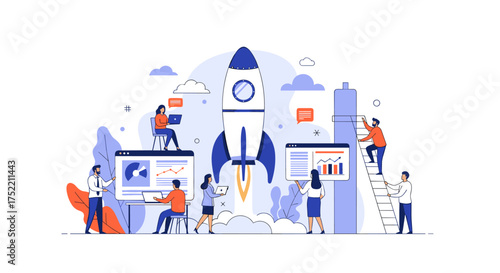 This illustration depicts a team collaborating to launch a new project with a rocket symbolizing growth and success.