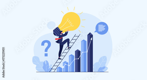A business person climbs a ladder towards a bright idea lightbulb on a graph background.