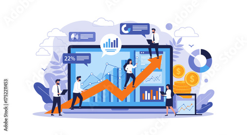 Business people analyzing financial growth charts and data on a laptop screen for strategic planning.