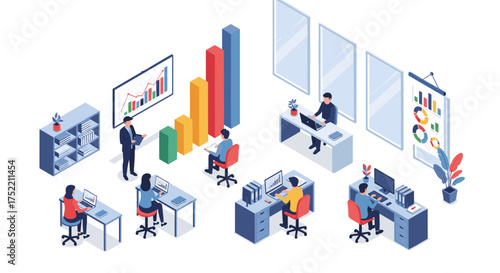 Business analytics team collaborating on data and financial reports in a modern office setting.