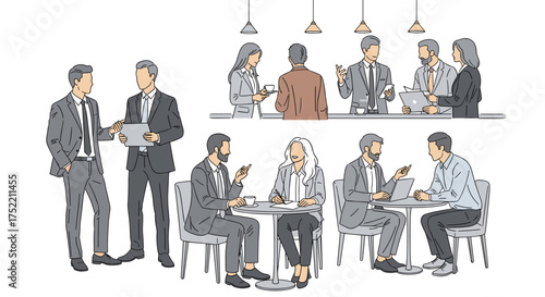 Diverse group of professionals engaging in collaborative business discussions and meetings in a modern office setting.