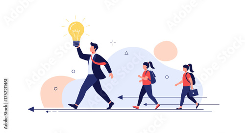 A teacher carrying a glowing lightbulb leading students with backpacks on an educational journey.