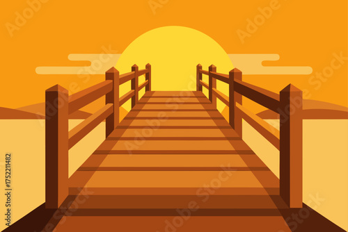 Wooden pier leading to a bright orange sunset over the ocean