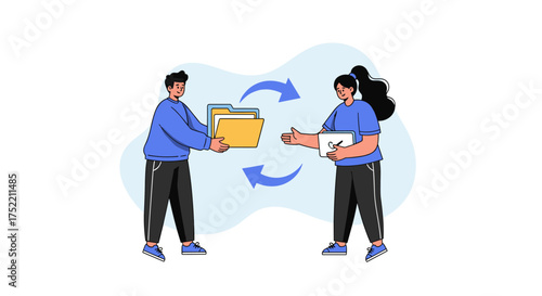 Two people exchanging files and documents through a digital transfer system.