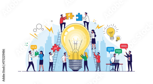 A diverse team collaboratively building a giant lightbulb representing innovation and creative problem solving.