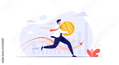 Man running with a large coin symbolizing financial growth and opportunity.