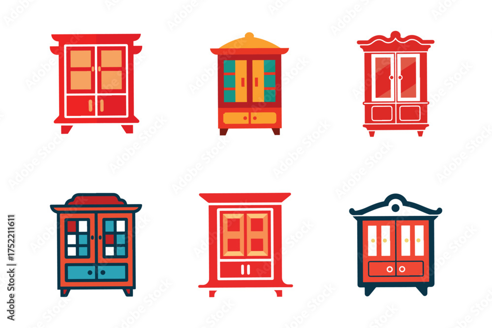 Obraz premium Collection of Colorful Cartoon Cupboards Cabinets and Wardrobes for Interior Design and Furniture Concept