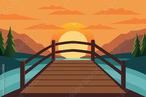 Wooden pier leading to a serene sunset over mountains and lake